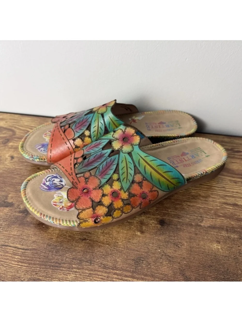 L'Artiste Soloa Spring Step Sandals Size 41 US 9.5 10 Slip On Leather Floral - Picture 2 of 10